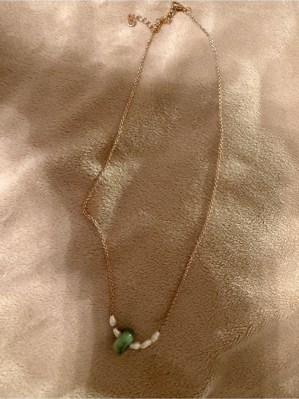 Handmade Gold Chain Necklace with Green Stone and Pearl Accents